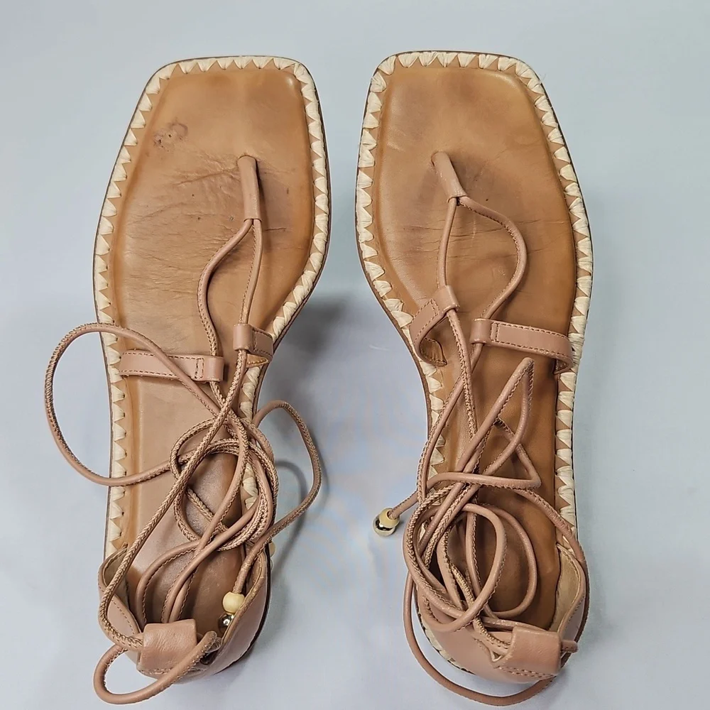 Antonio Melani The Nate Note Leather Ankle Wrap Tie Thong Tan Sandals Sz 9